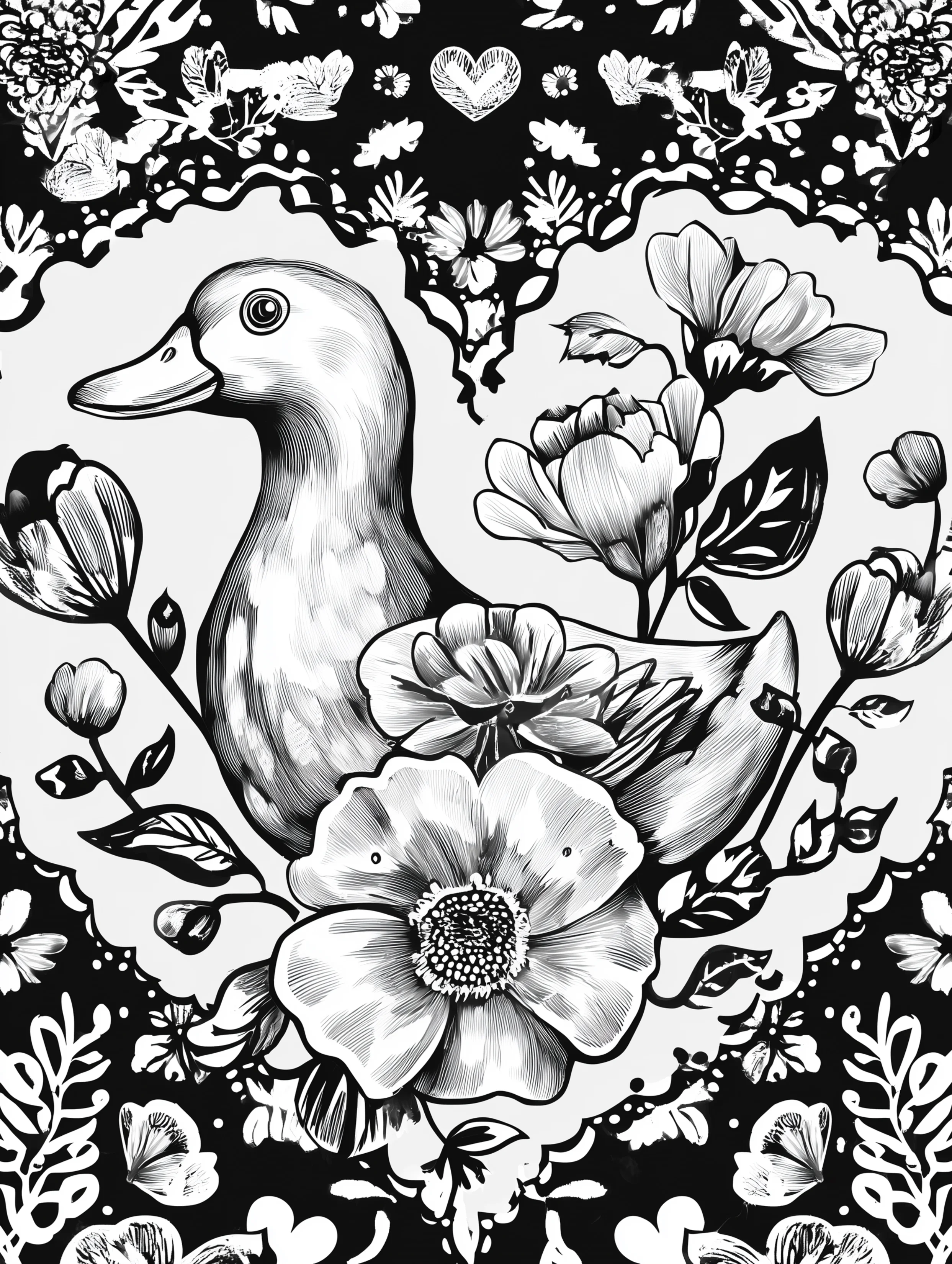 Free printable duck coloring page for adults featuring a duck behind flowers